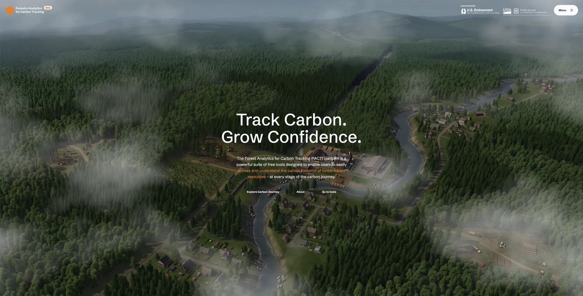 FACT homepage: aerial forest landscape with the headline “Track Carbon. Grow Confidence.”