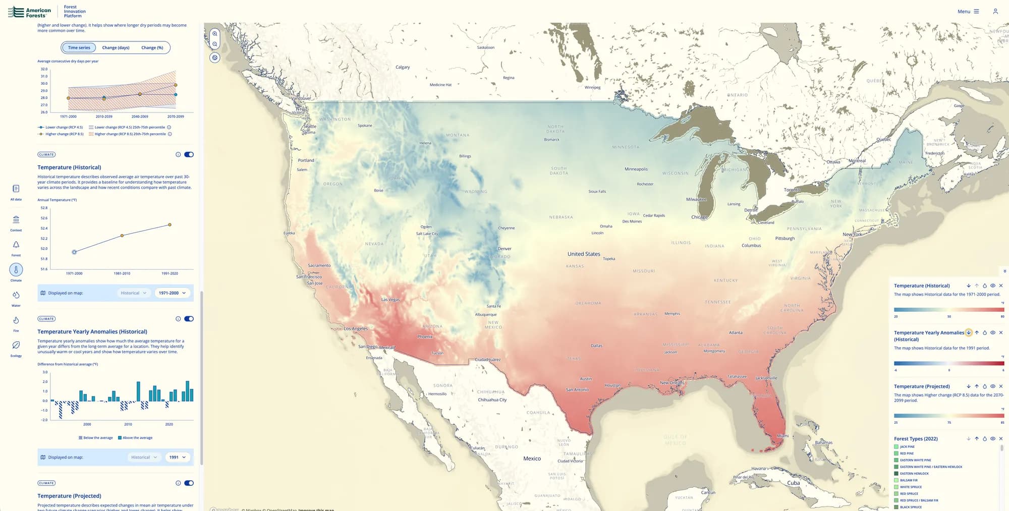 Forest Innovation Platform: US temperature map with climate charts and layer legend